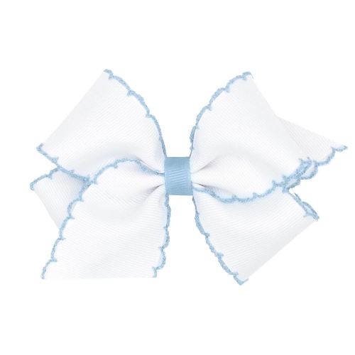 Wee Ones Girls' Grosgrain Hair Bow with Contrasting Moonstitch Edge and Wrap on a WeeStay Hair Clip, Small, White with Millennium Blue