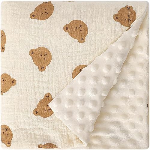 Fluffy-Backed Swaddle Blankets Baby Double Layer Muslin 100% Cotton Front Nursery Plush Dotted Fleece Back Receiving Bed Quilt Blanket for Unisex Newborn Baby Toddler Boys Girls 30 x 41 Inches