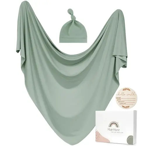 Baby Swaddle Receiving Blankets with Matching Beanie Set Newborn Nursery Swaddle Wrap for Baby Girls and Boys (Green)