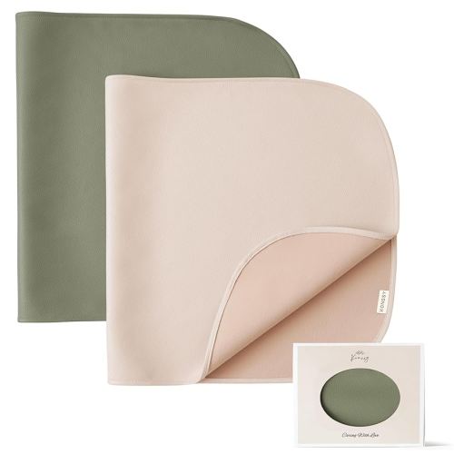 Konssy 2 Pack Faux Leather Baby Changing Mat 30"x17", Foldable and Wipeable Portable Changing Pad, Waterproof and Soft for Travel or Home Use (Fog Green,Beige)