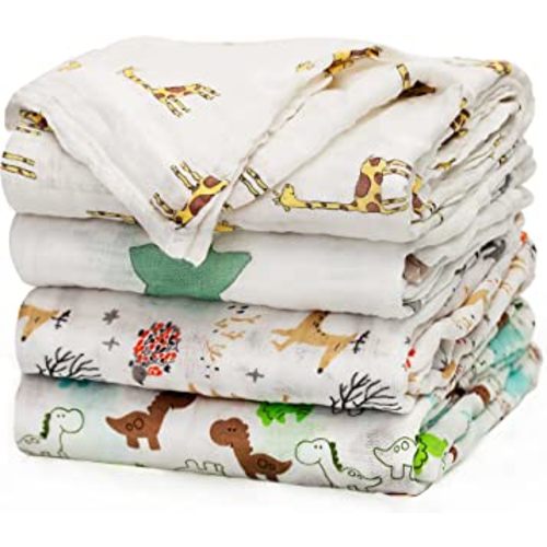 upsimples Baby Swaddle Blanket Unisex Swaddle Wrap Soft Silky Muslin Swaddle Blankets Neutral Receiving Blanket for Boys and Girls, 47 x 47 inches, Set of 4 - Fox/Elephant/Giraffe/Dinosaur