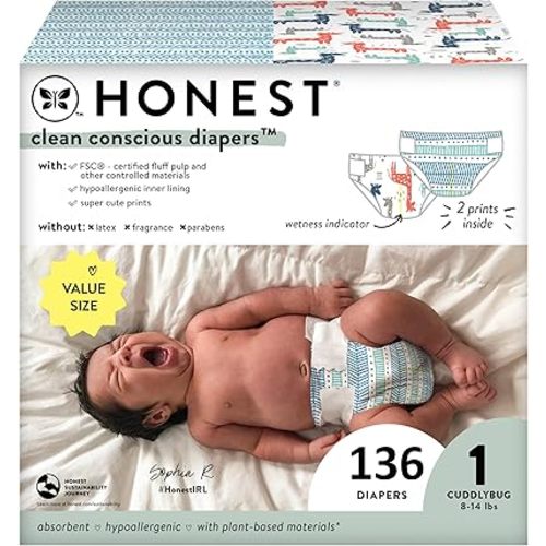 The Honest Company Clean Conscious Diapers | Plant-Based, Sustainable | Dots & Dashes + Multi-Colored Giraffes | Super Club Box, Size 1 (8-14 lbs), 136 Count