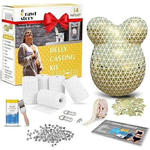 Crawl Story Belly Casting Kit for Pregnant Women | DIY Keepsake with Plaster Cloth Roll, 550 Acrylic Mirrors, Rhinestone Crystals & Hanging Hardware | Baby Shower Gift, Gold Mirror Casting Kit