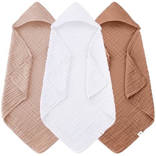 Sunny zzzZZ Muslin Hooded Baby Bath Towels - 3 Pack 100% Cotton Soft Low-Saturation Pastel Towels Including Classic White for Newborns, Infants, Toddlers - 32x32 Inch - Light Bean Paste and White