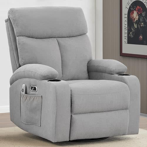 Sftaiyou Swivel Power Recliner Chair for Adults with Full Body Massage, Electric Rocker Recliner Sofa for Living Room with USB and Type-C Ports, Fabric Rocking Reclining Chair (LightGrey)
