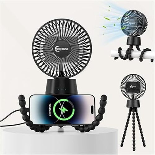 Stroller Fan with 90° Auto Oscillating, Extended Anti-Slip Detachable Tripod, Power Bank & LED Light, 3-Speed Quiet Cooling Clip On Fans for Baby Crib Car Seat Travel