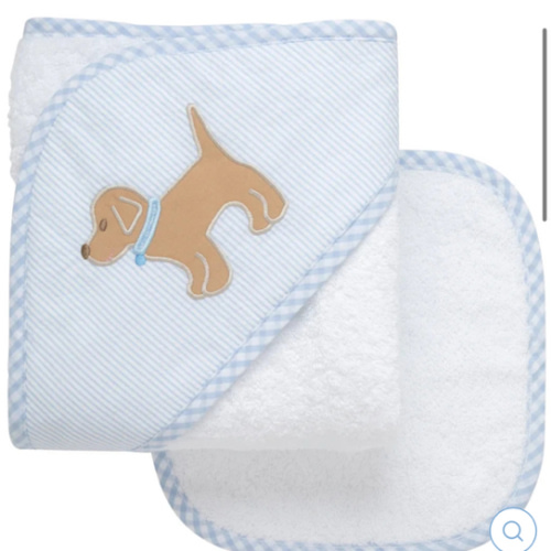 Puppy Applique Hooded Towel & Washcloth Set - Blue