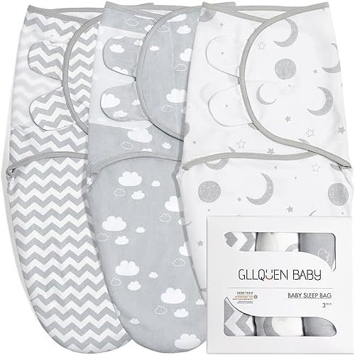 GLLQUEN BABY Swaddle Wrap,Adjustable Baby Swaddles 0-3 Months,Swaddle Blanket for Newborn Boys or Girls,Moon,Clouds,Ripples Pattern Swaddles,Swaddle Sack 3 Pack Wrap Set
