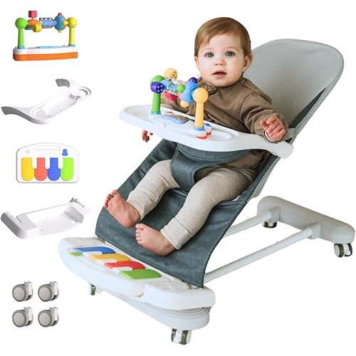 CuddoBaby Baby Bouncer 4-in-1 with Wheels, Detachable Piano, Feeding Tray, Play Bar, Thick Base. 3-Level Incline Portable Seat for Infant to Toddler 0-6, 0-12, 12-24 Months, Upto 29Lbs - Blue