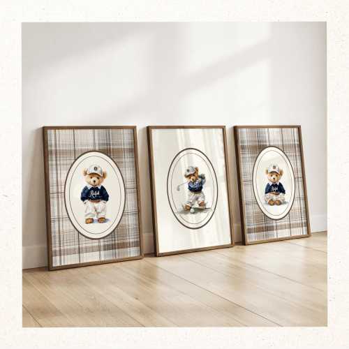 Set of 3 Wall Art, Ralph Lauren Bear Prints, Teddy Bear Wall Art, Vintage Nursery Gallery Wall, 3 Pieces Wall Art, Room Decor, Golf Poster