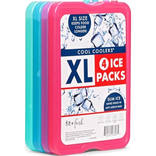 Cool Coolers by Fit & Fresh 4 Pack XL Slim Ice Packs, Quick Freeze Space Saving Reusable Ice Packs for Lunch Boxes or Coolers