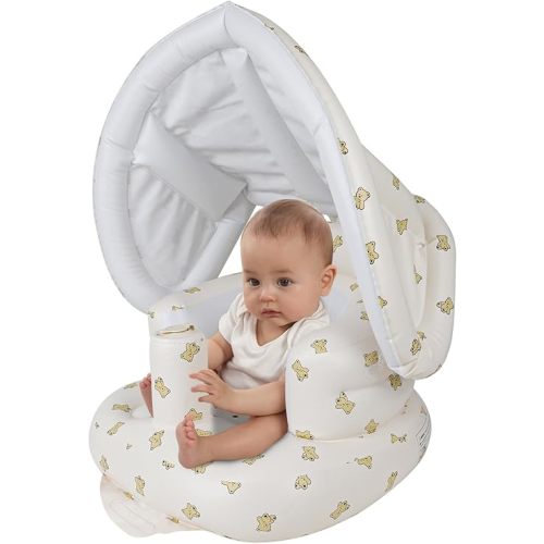 Zenflux Inflatable Baby Seat with Detachable Canopy, Sit Me Up Floor Seat for Baby 3 Months and Up, Inflatable Baby Chair with Built in Air Pump, Blow Up Infant Seat for Learning to Sit - Bear