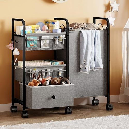 2In1 Baby Diaper Caddy Organizer with Laundry Hamper, 3 Tier Rolling Cart with Dividers and Drawers, Upgrade Diaper Cart Utility Cart Clothes Organizer for Baby Essentials, New Mom, Nursery