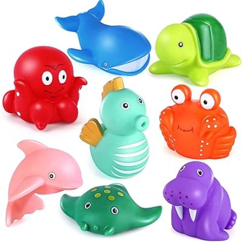 LotFancy Bath Toys for Kids Ages 1-3, Mold Free Baby Bath Toys for Toddlers 2-4, 8PCS No Holes Ocean Sea Animal Bathtub Toys, Soft Bath Tub Toys