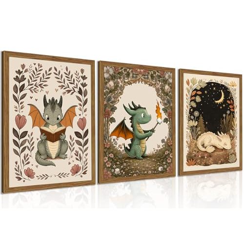 Vintage Dragon Nursery Wall Art Set of 3 Framed 8x10 Inch Canvas Prints, Whimsical Baby Dragon Fantasy Woodland Decor for Boys Girls Bedroom, Kids Room, Storybook Fairytale Wall Decor