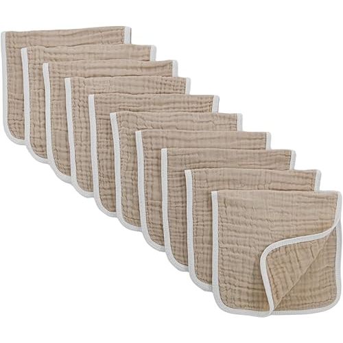 Synrroe Burp Cloths Large, Muslin Burp Cloths for Baby Girls and Boys, Pack of 10 Extra Absorbent and Soft Muslin Bibs, 6 Layers 20 by 10 Inches 100% Cotton (Brown 10 Pack)