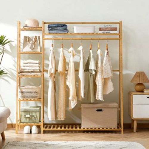 GDFStudio Langley Bamboo Clothing Garment Rack with Multi-tiered Wardrobe Storage Shelves, Natural