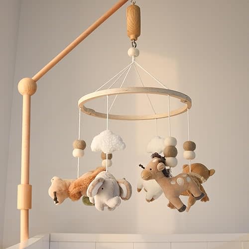 The Peanutshell Safari Crib Mobile for Boys or Girls, Wooden Musical Baby Mobiles with 12 Lullabies, Elephant, Giraffe, Zebra, Monkey, Jungle Animal Nursery Decor