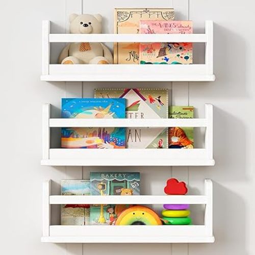 Upgraded White Nursery Book Shelves for Wall, Floating Kids Bookshelf Wall Mounted, Wood Baby Girls Boys Toddler Children Hanging Bookshelves for Kids Room Bedroom Playroom- Set of 3
