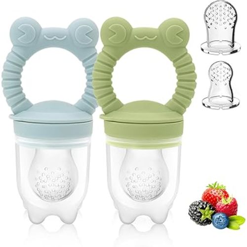 Baby Solids/Frozen Fruit Feeder Pacifier, Infant Teether Toy 4M+, BPA-Free Silicone Pouch & Nipple, Safely Introduce Solids, Teething Relief, 2-Pack - Blue/Green (Frog)
