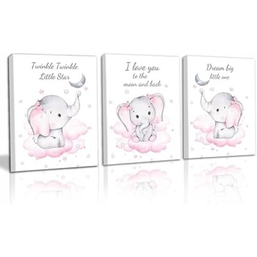 Watercolor Elephant Quote Art Print,Elephant Nursery Canvas Wall Art,Pink Elephant Nursery Wall Decor,Wall Decoration of Kindergarten Girls' Bedroom(8”X10”X3 pcs, Framed)