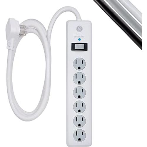 GE 6-Outlet Surge Protector, 6 Ft Extension Cord, Power Strip, 800 Joules, Flat Plug, Twist-to-Close Safety Covers, Protected Indicator Light, UL Listed, White, 67051