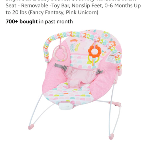 Bright Starts Baby Bouncer Soothing Vibrations Infant Seat - Removable -Toy Bar, Nonslip Feet, 0-6 Months Up to 20 lbs (Fancy Fantasy, Pink Unicorn)