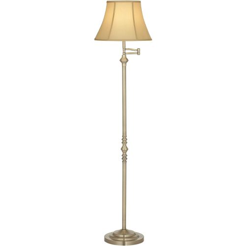 Regency Hill Montebello Traditional Adjustable Swing Arm Floor Lamp Standing 60" Tall Antique Brass Metal Column Golden Tan Bell Shade for Living Room Reading House Family Bedroom Home