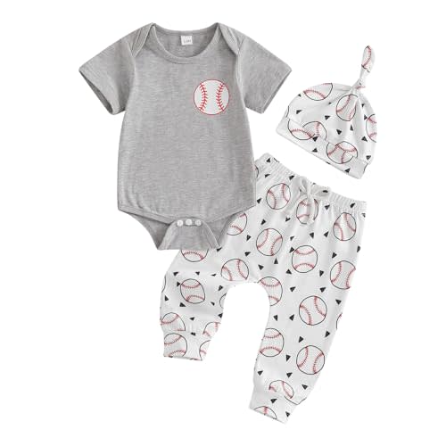 Lamuusaa Newborn Baby Boy Baseball Outfit Short Sleeve Baseball Romper Onesie Long Pants Hat 3Pcs Summer Clothes 0-18M