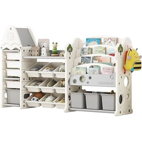 Merax Toy Storage Organizer with Kids Bookshelf, Toy Organizer with 17 Bins and 5-Tier Bookshelf for Kids Bedroom Playroom Living Room (All-in-One, White)