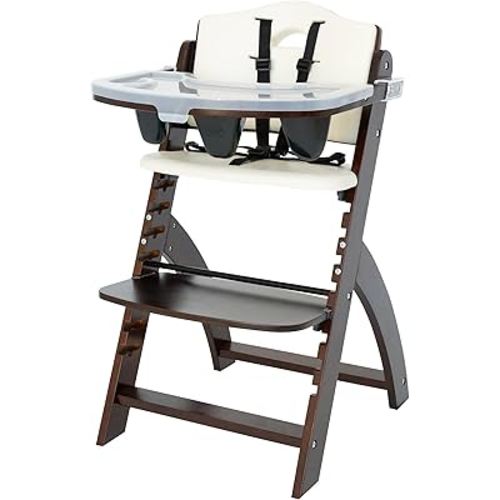Abiie Beyond Junior Wooden High Chair with Tray - Adjustable and Convertible High Chair for Babies and Toddlers - 6 Months to 250 Lb - Water Resistant - Mahogany Wood/White Cushion