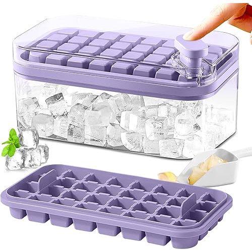Ice Cube Tray with Lid and Bin for Freezer, 2 Pack, 64 Pcs Ice Cube Mold (Purple)