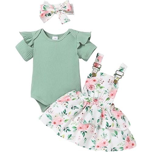 Baby Girl Clothes Cute Summer Outfits Short Sleeve Romper Adjustable Floral Overall Dress Headband 3PCS