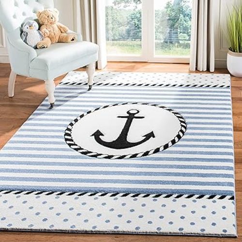 SAFAVIEH Carousel Kids Collection 4' Square Ivory/Navy CRK124A Nautical Anchor Non-Shedding Nursery Playroom Area Rug