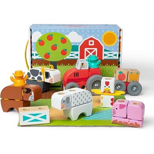 Melissa & Doug Blockables™ Farm Snap and Play, Mix and Match Connectable Wooden Building Blocks Play Set Toy for Preschool Boys and Girls (56 Pcs)