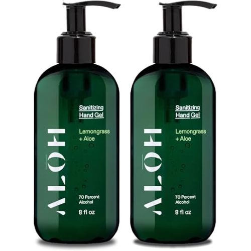 ALŌH Sanitizing Hand Gel 2-pack | Lemongrass + Aloe | 70% Alcohol Hydrating Hand Sanitizer Gel with Essential Oil, for Kids & Adults | 8oz Size Bottle (Set of 2)