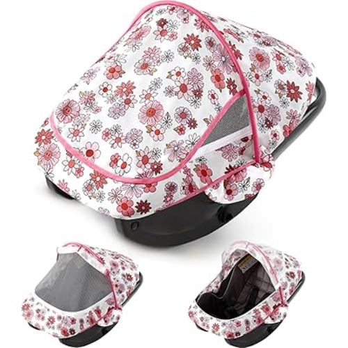 Baby Car Seat Cover, 2-in-1 Breathable Carseat Shade Protection & Mosquito Net, Dustproof Privacy Lightweight Canopy Covers for Infant Unisex, Mosquito net for Spring & Summer - Pink