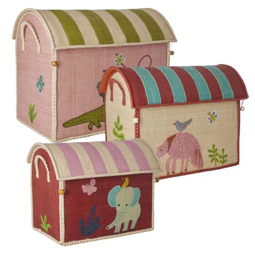Raffia Toy Storage Baskets with Sweet Jungle Theme - Set of 3