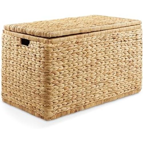 Casafield 30" Storage Chest with Lid, Handles, and Safety Hinge - Natural, Water Hyacinth Wicker Storage Trunk for Entry Way, Living Room, Bedroom