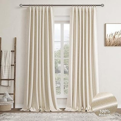 Beige Linen Blackout Curtains for Bedroom 96 Inch Length 2 Panels Set Back Tab Pocket Neutral Farmhouse Living Room Darkening Curtains Track System Thermal Insulated Black Out Drapes 52x96