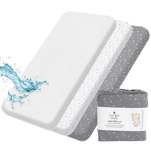 Pack and Play Sheets by Lilly B. Pack of 3-100% Organic Cotton 2 Mini Crib Sheets + 1 Waterproof Mattress Protector for Baby Boys and Girls, Fit All Shape Upto (38Lx 24Wx 6H) inch - Gray / Star