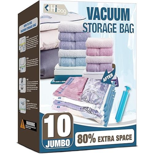 HIBAG Vacuum Storage Bags, 10 Jumbo Space Saver Vacuum Seal Bags, Space Bags, Vacuum Sealer Bags for Clothes, Comforters, Blankets, Bedding (10J)