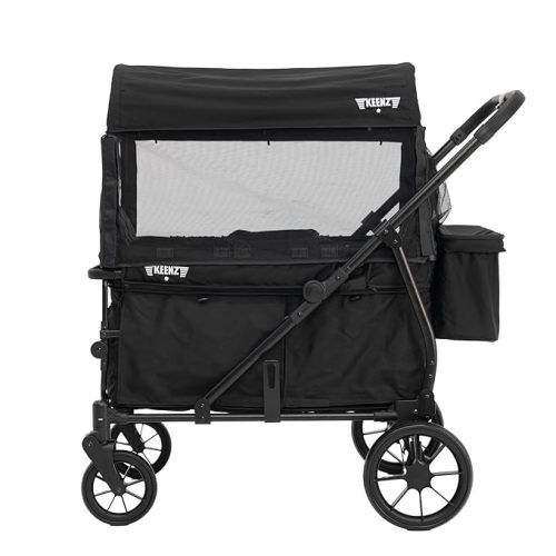 Keenz Viva 4-Passenger Compact Stroller Wagon for Kids with Foldable Frame, Push/Pull Handle, EVA Wheels, and Mosquito Net Canopy – Lightweight Wagon for Families, Black