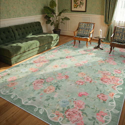 Lahome Decor 8'x10' Vintage Floral Area Rugs,8x10ft Large Rugs for Living Room Boho Area Rug Machine Washable, Low Pile Pink Rugs for Bedroom Girls Carpet for Nursery Rug Playroom Dining Room,Green
