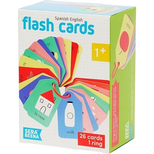 Spanish English Flash Cards - English & Spanish Learning for Toddlers 1-3 Plus - Picture Words Flash Cards - Bilingual Language Development - 26 Double-Sided Spanish Vocabulary Flash Cards