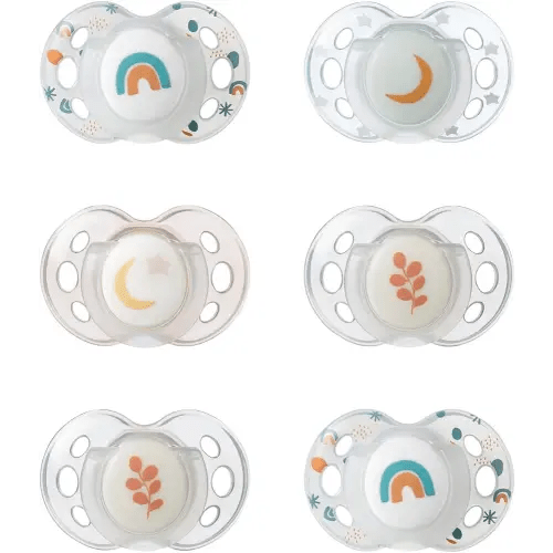 Tommee Tippee Nighttime pacifiers, 18-36 months, 6 pack of glow in the dark pacifiers with symmetrical silicone baglet