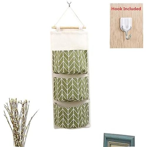 Over The Door Organizer, Linen Farbric Wall Closet Storage Bag with 3 Pockets for Bedroom, Bathroom (Green)