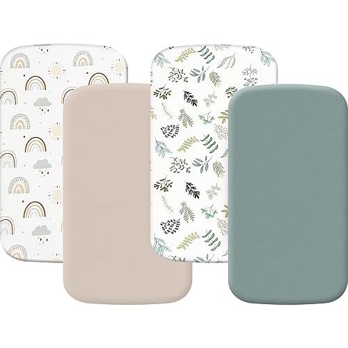 4 Pack Bassinet Fitted Sheets Compatible with 21" x 35" Amke, Ezebaby, Evolur Stellar and Mereryi Baby Bassinet, Soft and Skin-Friendly, Mint Green and Color Rainbow