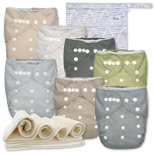 Nora's Nursery Cloth Diapers 7 Pack with 7 Inserts & 1 Wet Bag - Waterproof Cover, Washable, Reusable & One Size Adjustable Pocket Diapers for Newborns and Toddlers - Sand and Stone