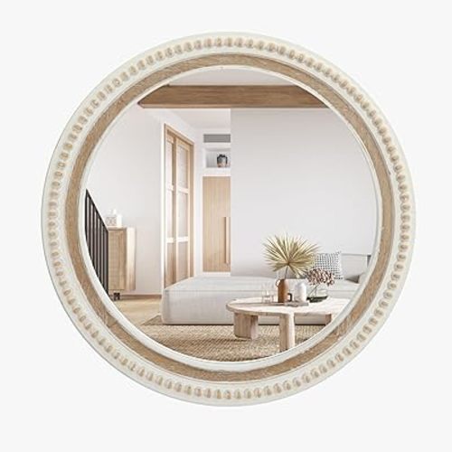 Round Wood Decorative Wall Mirror, Farmhouse Mirror with Beaded Decor, Distressed White Boho Mirror for Bedroom, Living Room, Bathroom, Entryway, 24 Inch